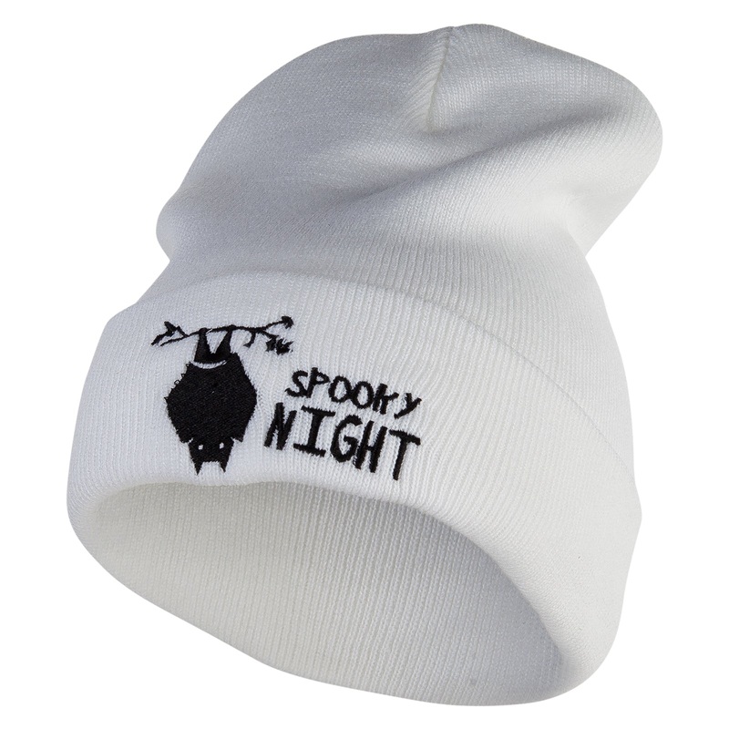 Spooky Night Embroidered 12 Inch Long Knitted Beanie White One Size