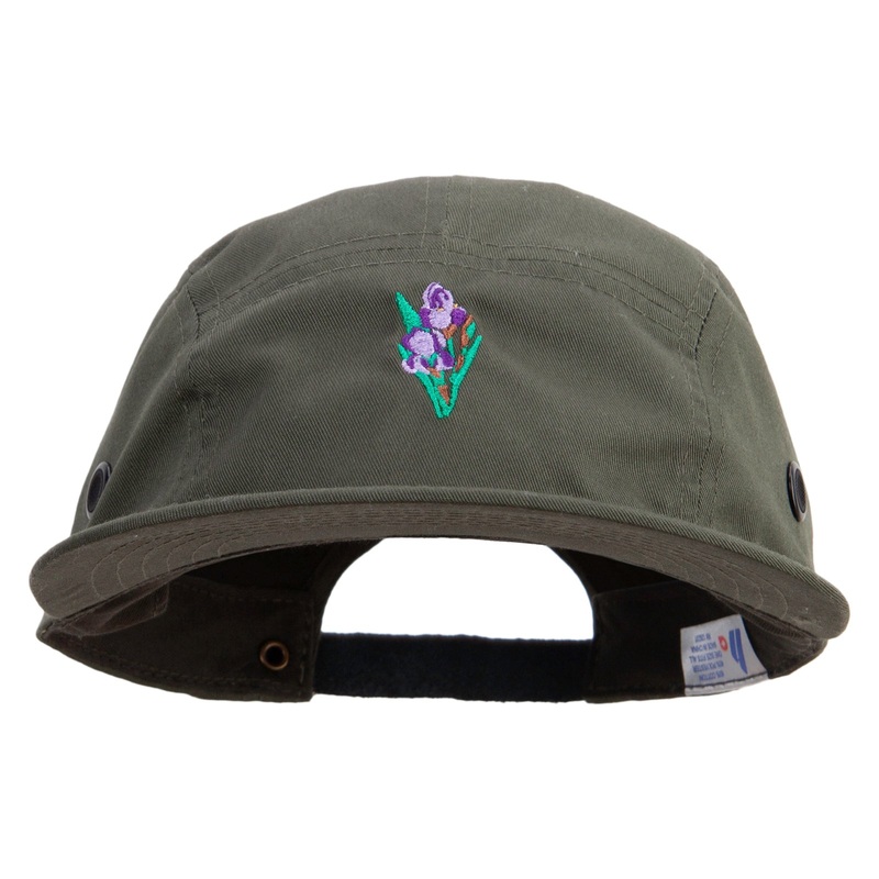 Beautiful Iris Embroidered Garment Washed Adjustable Army Cap Olive One Size