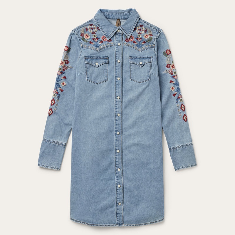 Embroidered Denim Shirt Dress Blue XS