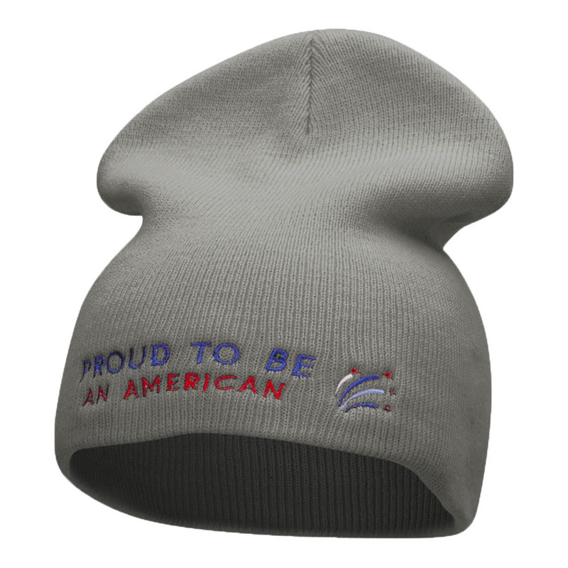 Proud American Phrase Embroidered Short Knitted Beanie Grey One Size