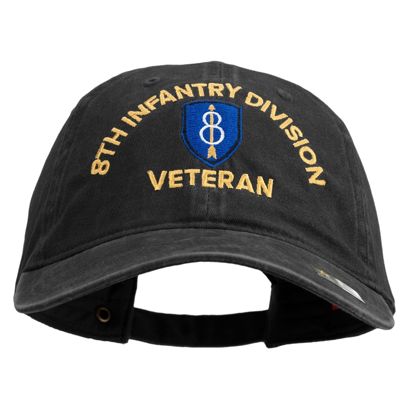 U.S. Army 8th Infantry Division Embroidered Washed Solid Pigment Dyed Cotton Twill Brass Buckle Cap Black One Size