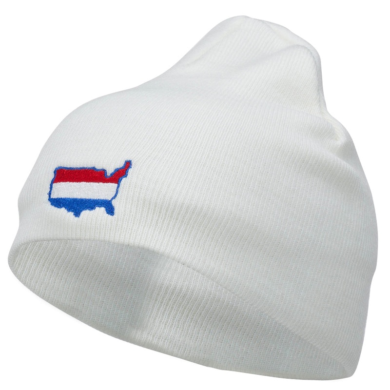 United States Map Embroidered Short Beanie White One Size