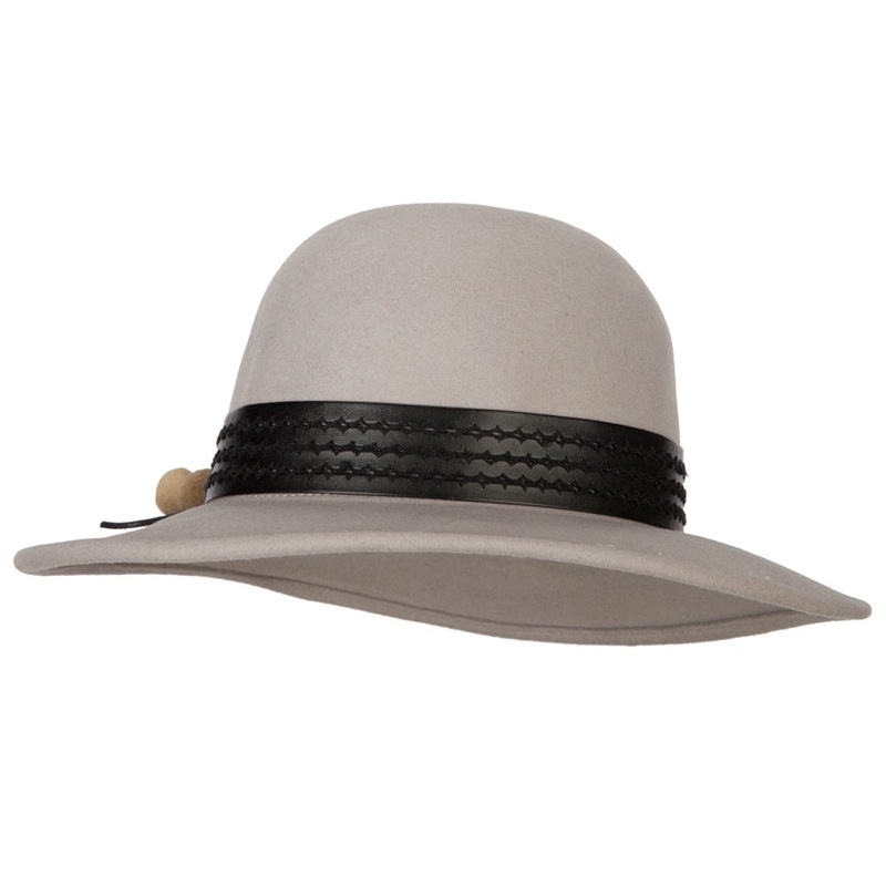 Women’s Band with Pom Pom Accented Large Brim Bowler Wool Fedora Hat Grey One Size