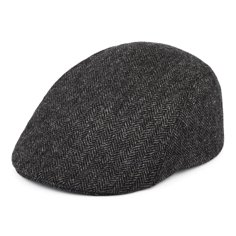 Christys Hats Spectator Tweed Herringbone Flat Cap with Earflaps – Grey S