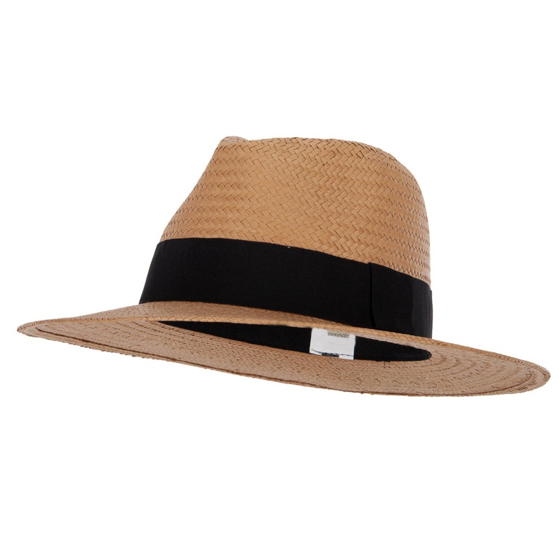 Men’s Toyo Paper Braid Wide Ribbon Band Accented Large Brim Fedora Hat Dk Tan M
