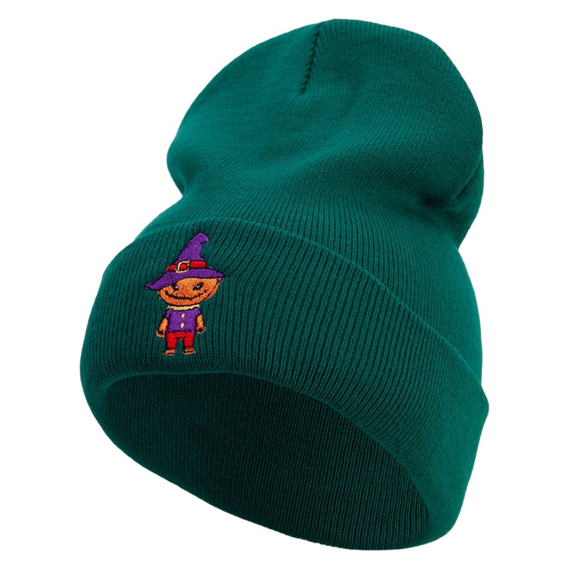 Pumpkin Scarecrow Embroidered 12 Inch Long Knitted Beanie Dk Green One Size