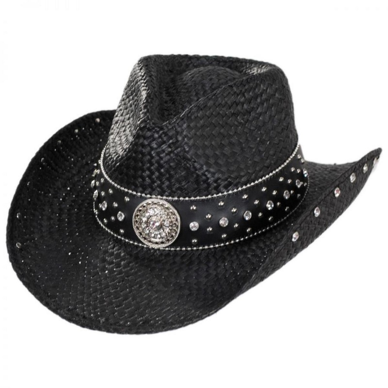 Rhinestone Raffia Straw Western Hat BLACK S