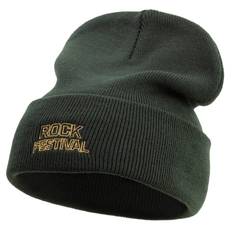 Rock Fest Embroidered 12 Inch Long Knitted Beanie Olive One Size