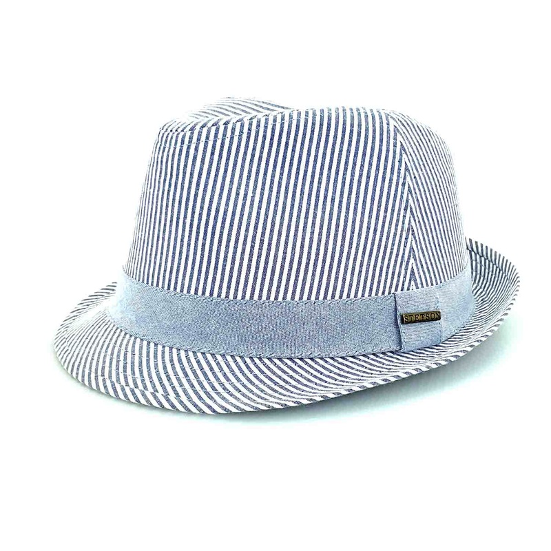 Seersucker Navy Stripe Cotton Fedora Hat -Stetson Hats Blue Large