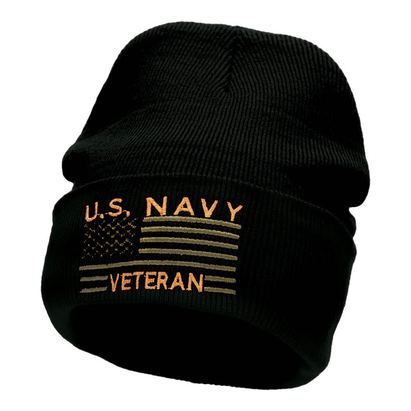 U.S. Navy Veteran Embroidered Long Knitted Beanie Black One Size