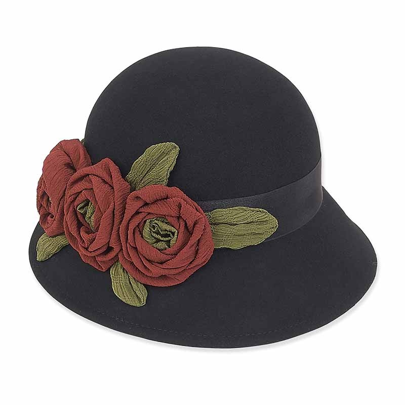 AdoraWool Hat – Cloche with Satin Rose Trio Black