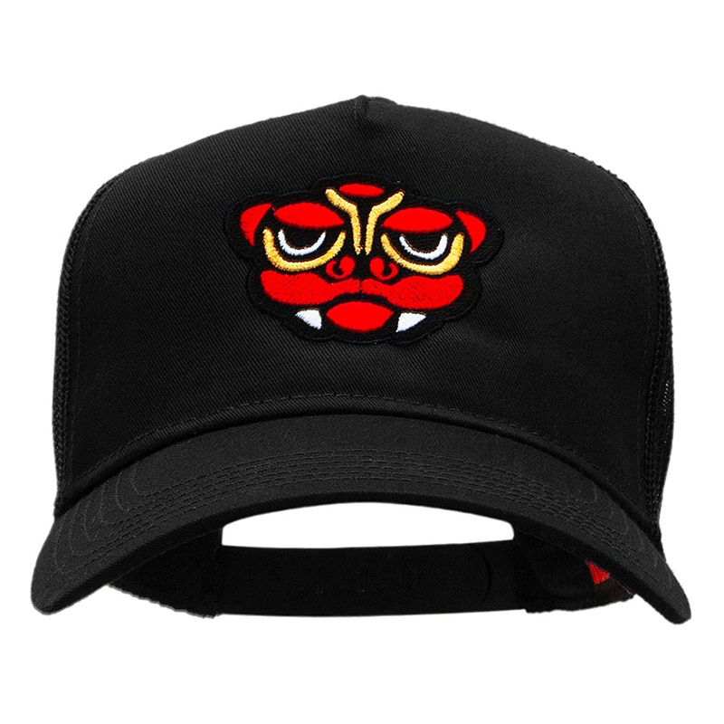Dragon Embroidered Solid Cotton Twill 5 panel Mesh Cap Black One Size