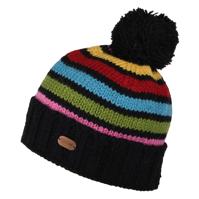 Kusan Striped Turn Up Bobble Hat – Grey-Pink-Blue 1-Size