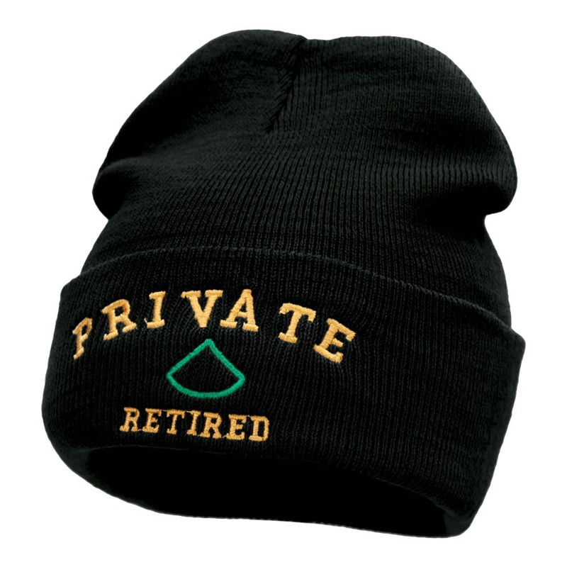 Private Retired Embroidered Long Knitted Beanie Black One Size