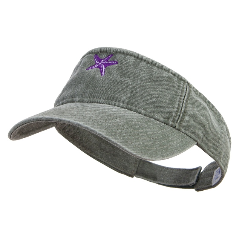 Purple Star Fish Embroidered Washed Pigment Dyed Cotton Twill Visor Olive One Size