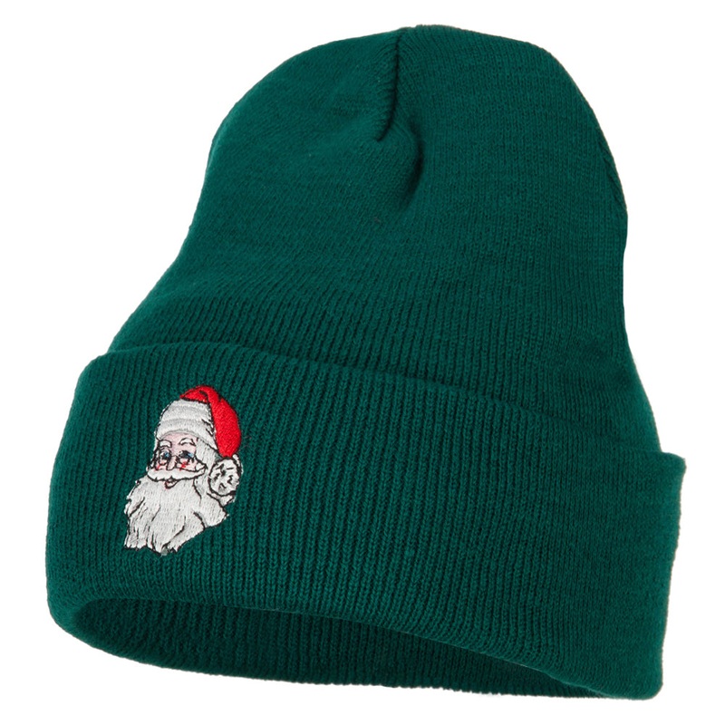Santa Claus Head Embroidered Long Knitted Beanie Dk Green One Size