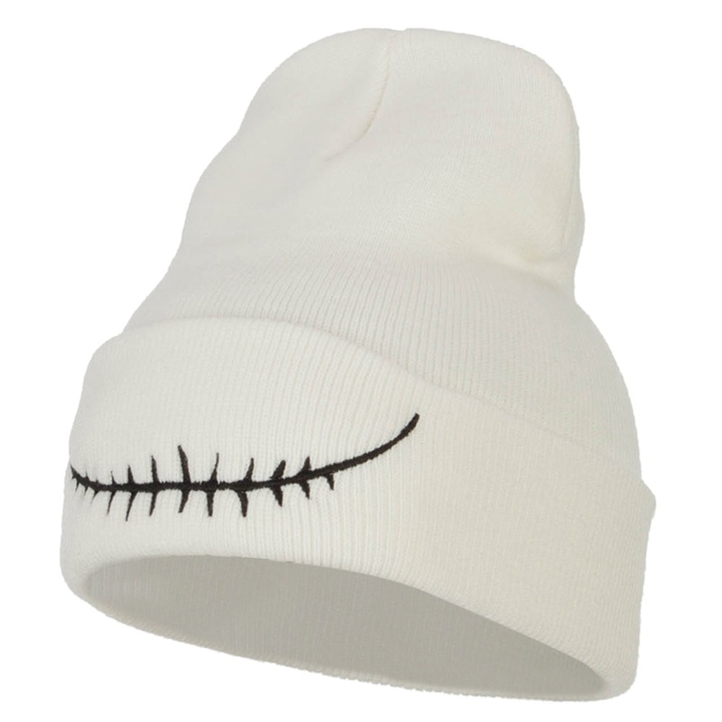 Skeleton Mouth Embroidered Long Beanie White One Size