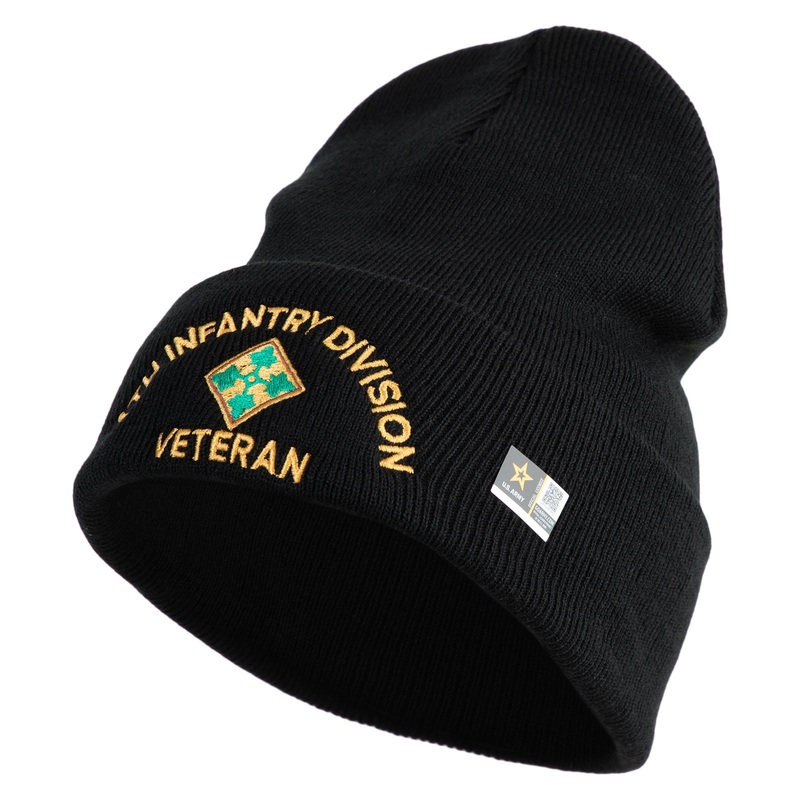 U.S. Army 4th Infantry Division Logo Embroidered 12 Inch Solid Knit Cuff Long Beanie Made in USA Black One Size