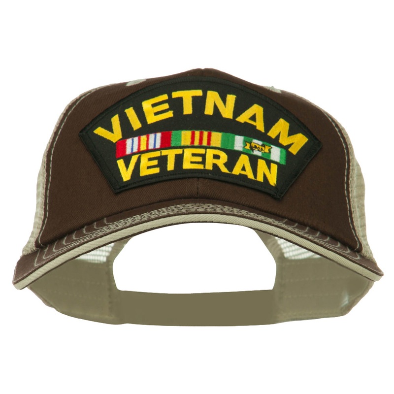 Vietnam Veteran Patched Big Size Washed Mesh Cap Brown Beige XL-3XL