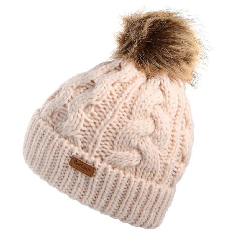 Barbour Hats Penshaw Cable Knit Faux Fur Pom Bobble Hat – Blush 1-Size