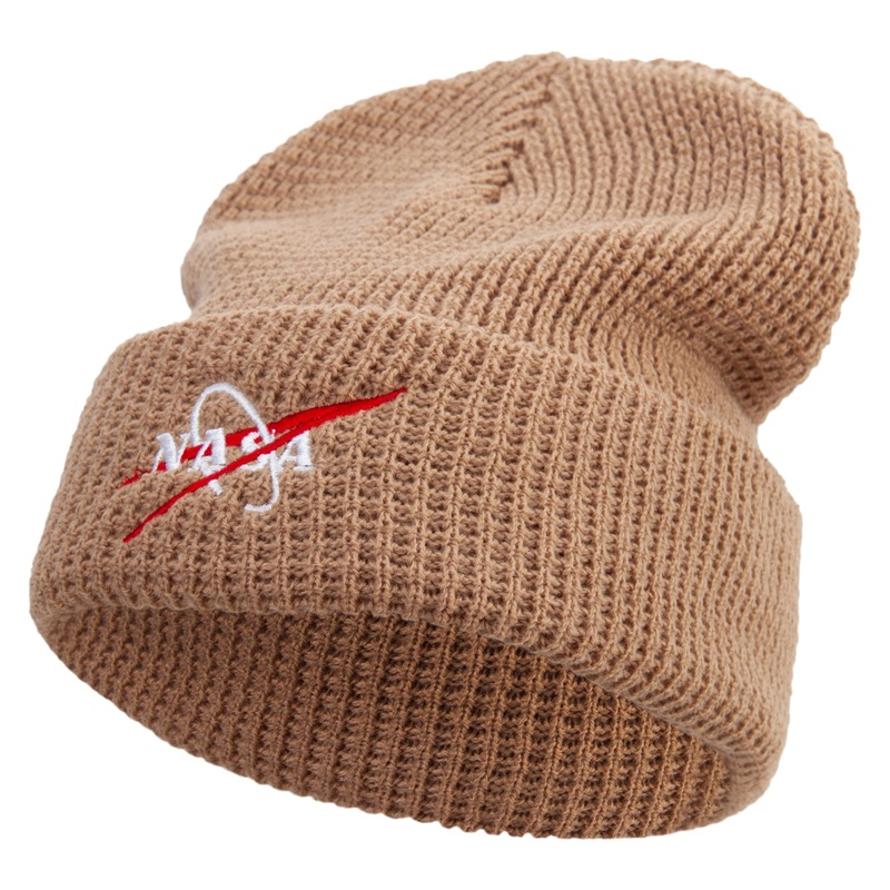 Made in USA NASA Logo Symbol Embroidered Big Stretch Waffle Stitch Cuff Beanie Sand XL-3XL