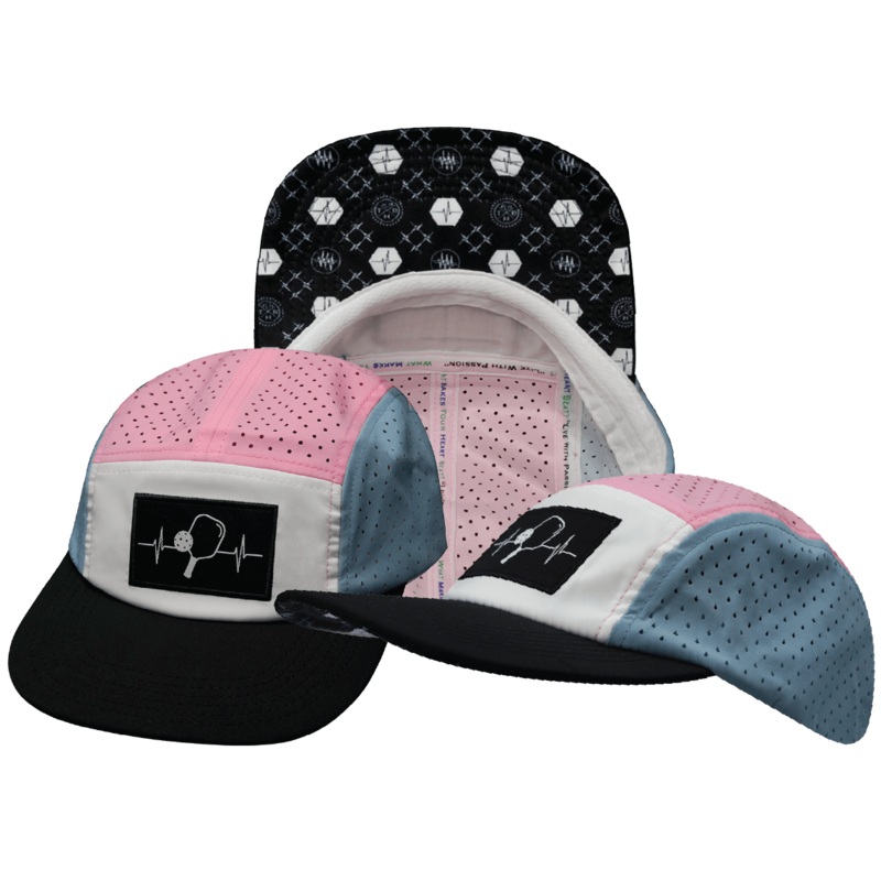 Pickleball Hat – 5 Panel – Black / White / Light Blue / Pink – Laser Mesh