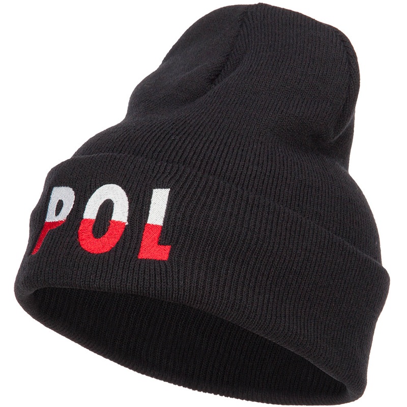 Poland POL Flag Embroidered Long Beanie Black One Size