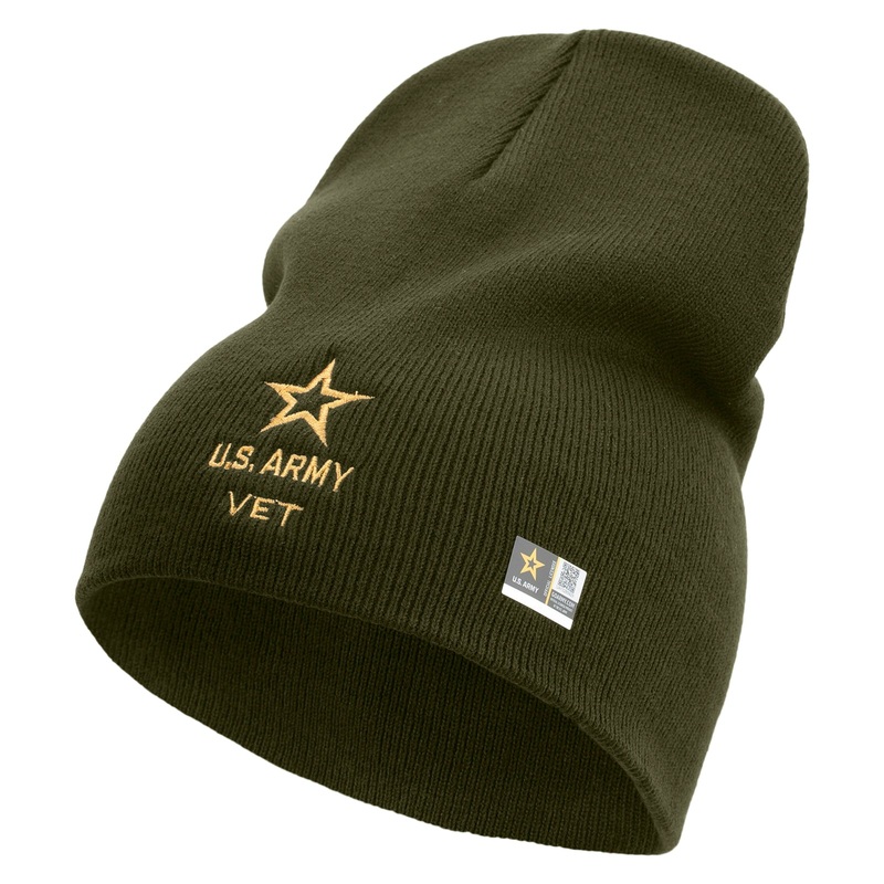 Star US Army Veteran Military Embroidered 8 Inch Solid Knit Short Beanie Made in USA Olive One Size