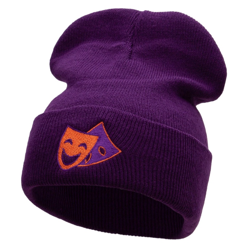 2 Mask Embroidered 12 Inch Solid Long Beanie Made in USA Purple One Size