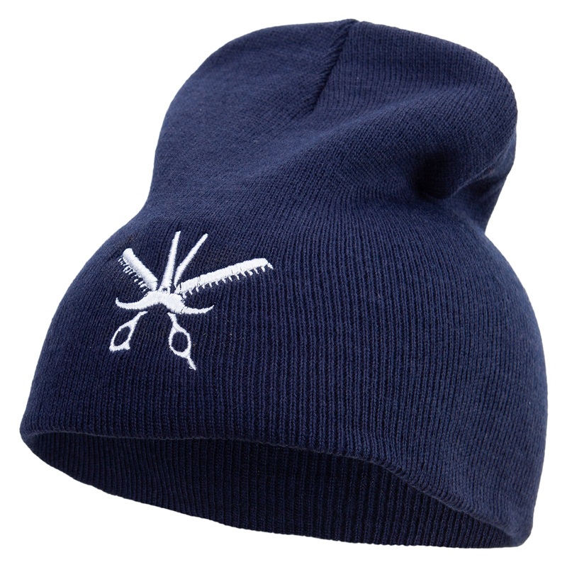 Barber Scissor Embroidered 8 inch Acrylic Short beanie Navy One Size