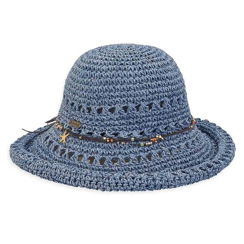 Indigo Rolled Brim Crochet Toyo Summer Hat – Sun ‘N’ Sand Hats Blue Medium (57 cm)