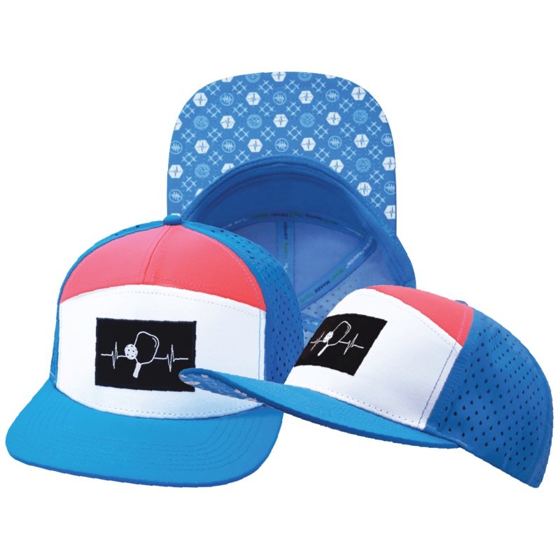 Pickleball Hat – Flat Bill – Neon Blue / White / Neon Peach – Laser Mesh