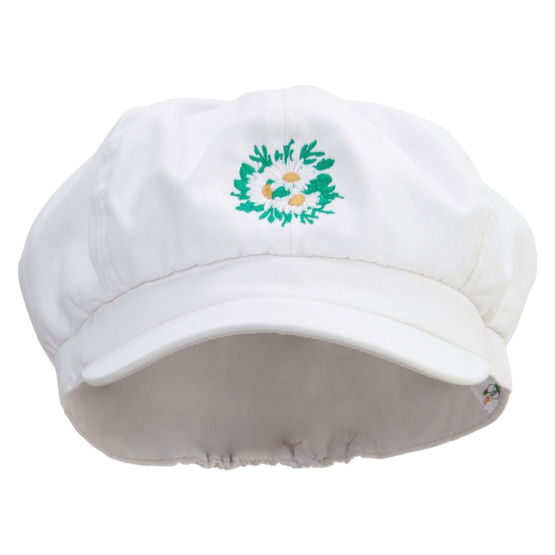 White Daisy Flowers Embroidered Cotton Elastic Big Size Newsboy Cap White XL-2XL