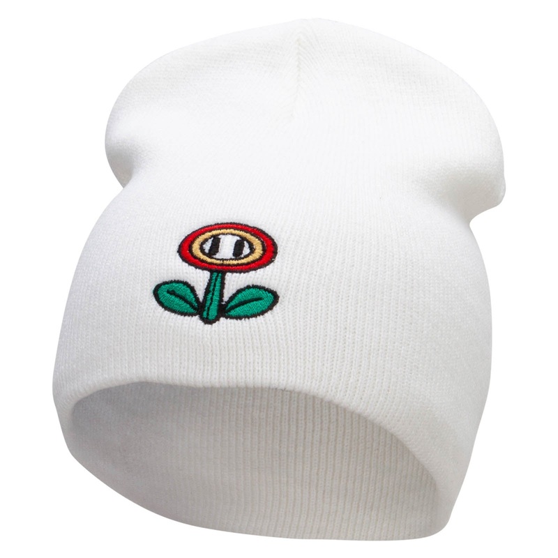 Game Flower Embroidered 8 Inch Short Beanie White One Size