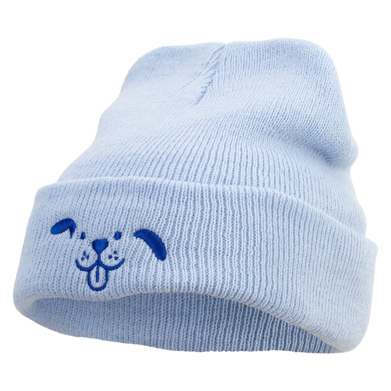 Happy Dog Head Embroidered Super Stretch Knit Watch Cap Beanie Columbia Blue One Size