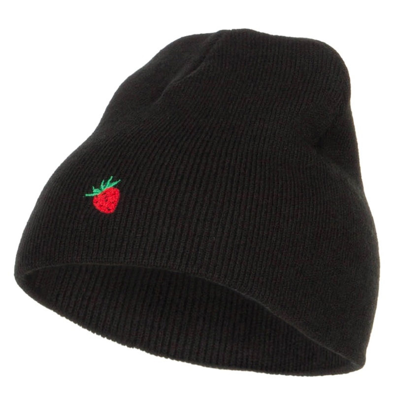 Mini Strawberry Embroidered Short Beanie Black One Size