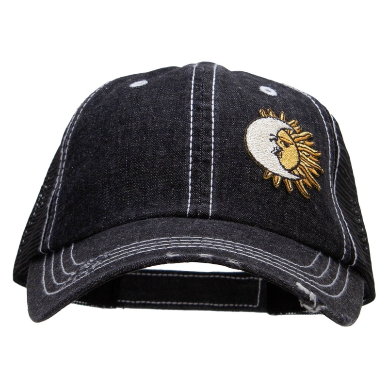 Moon over Sun Patched 6 Panel Denim Frayed Mesh Cap Denim Black One Size