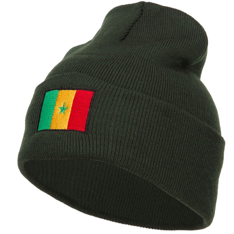 Senegal Flag Embroidered Long Beanie Olive One Size