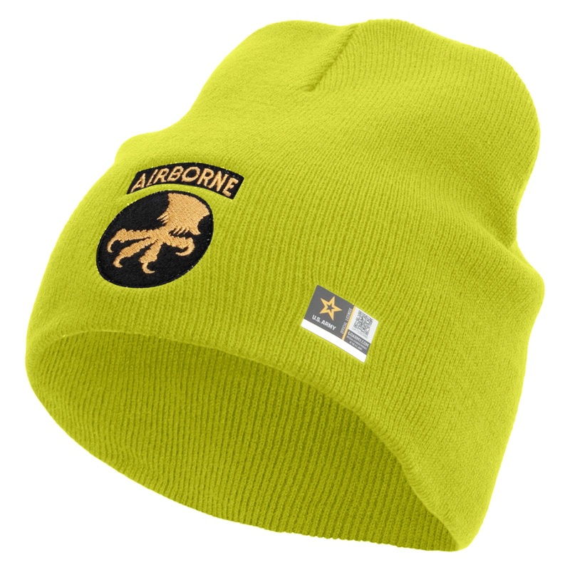 17th Airborne Division Embroidered 8 Inch Knitted Short Beanie Lime One Size