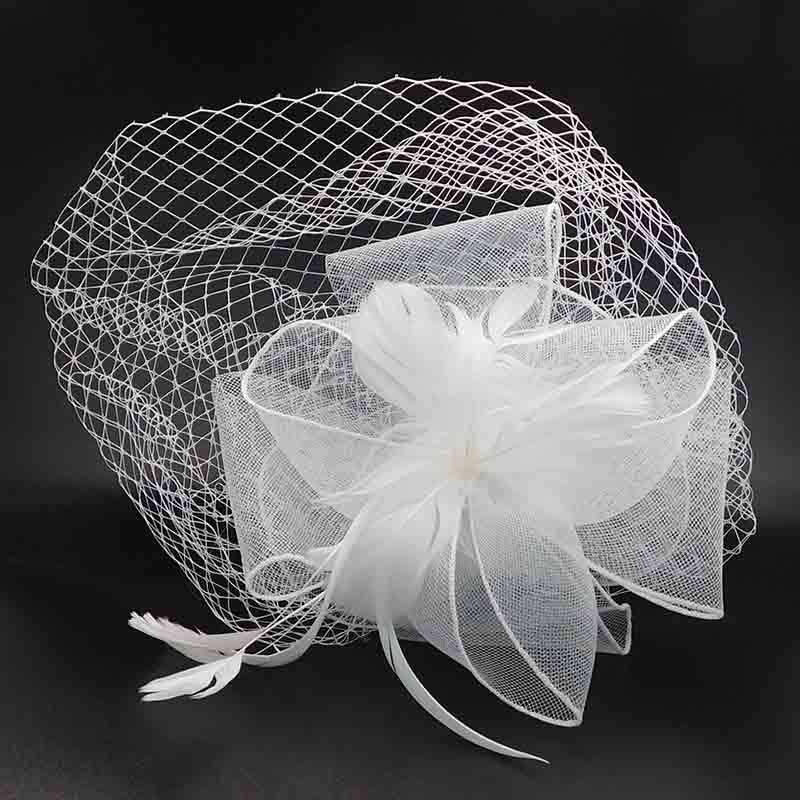 Feather Flower Fascinator with Netting Veil White