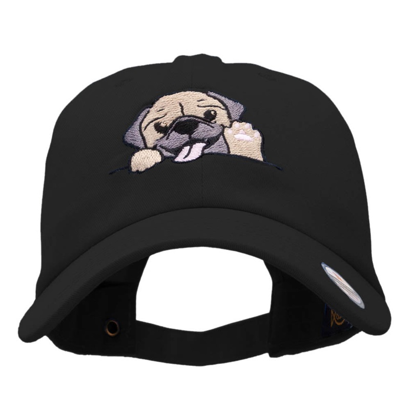 Happy Pug Head Embroidered Cotton Twill Cap Black One Size