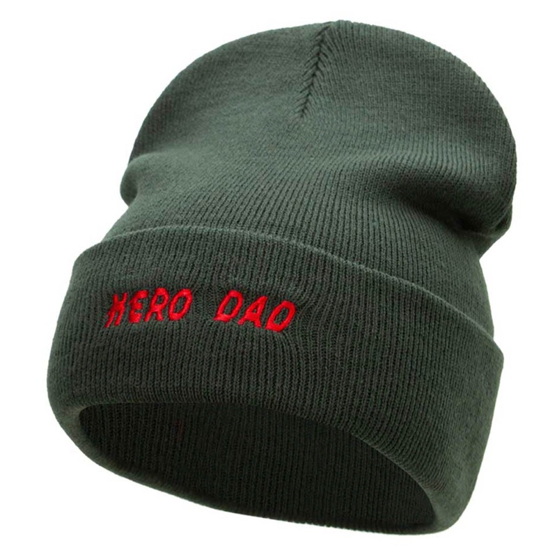 Hero Dad Embroidered 12 Inch Long Knitted Beanie Olive One Size