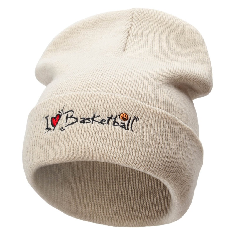 I Love Basketball Embroidered 12 Inch Long Knitted Beanie Birch One Size