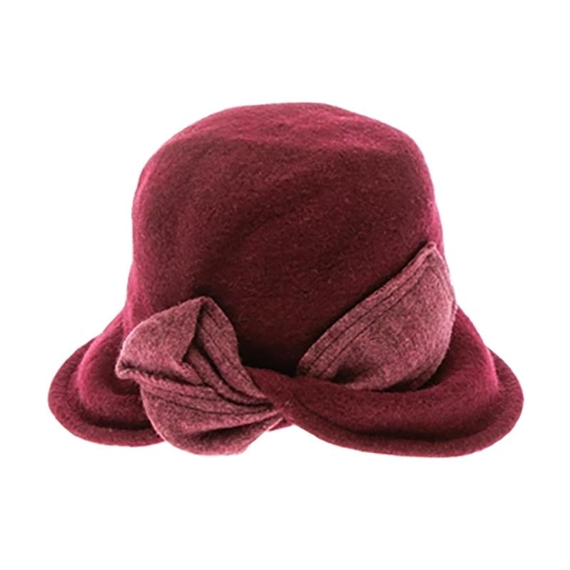 Knitted Wool Blend Cloche with Twisted Bow – DNMC Hats Wine Medium (57 cm)