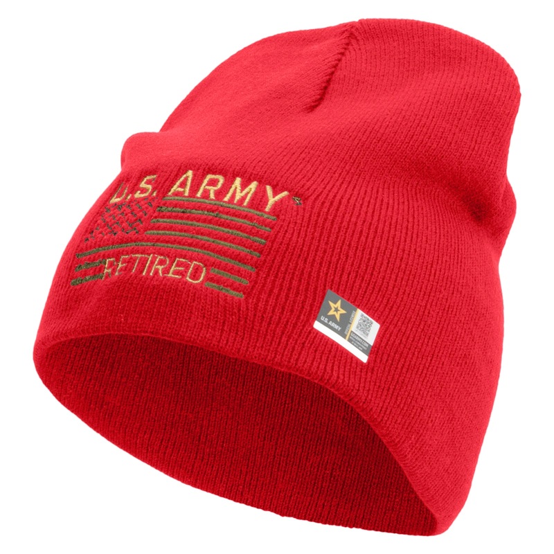 US Army Retired Flag Embroidered 8 Inch Knitted Short Beanie Red One Size