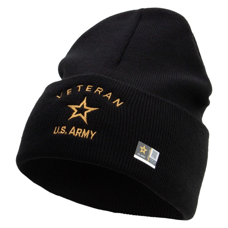 US Army Veteran Military Embroidered 12 Inch Solid Knit Cuff Long Beanie Made in USA Black One Size