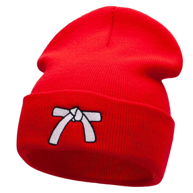 White Belt Embroidered 12 Inch Long Knitted Beanie Red One Size