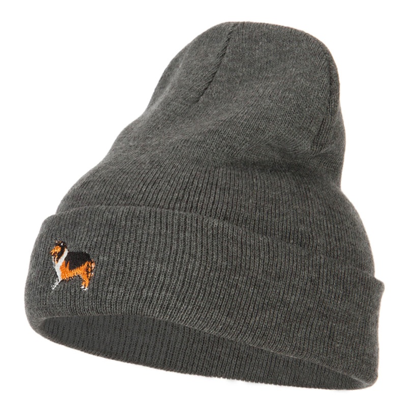 Collie Dog Embroidered Long Beanie Dk Grey One Size