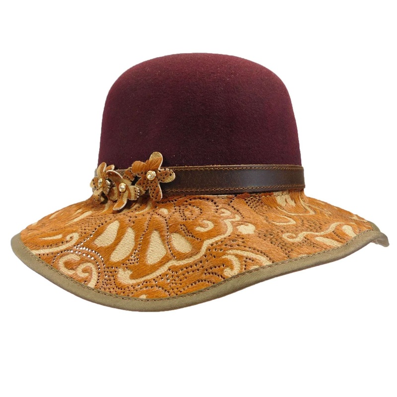 Danielle – Laser Cut Brim Leather Hat -Burgundy Burgundy