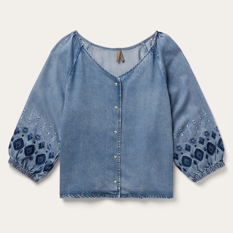 Denim Snap Front Blouse Blue XS